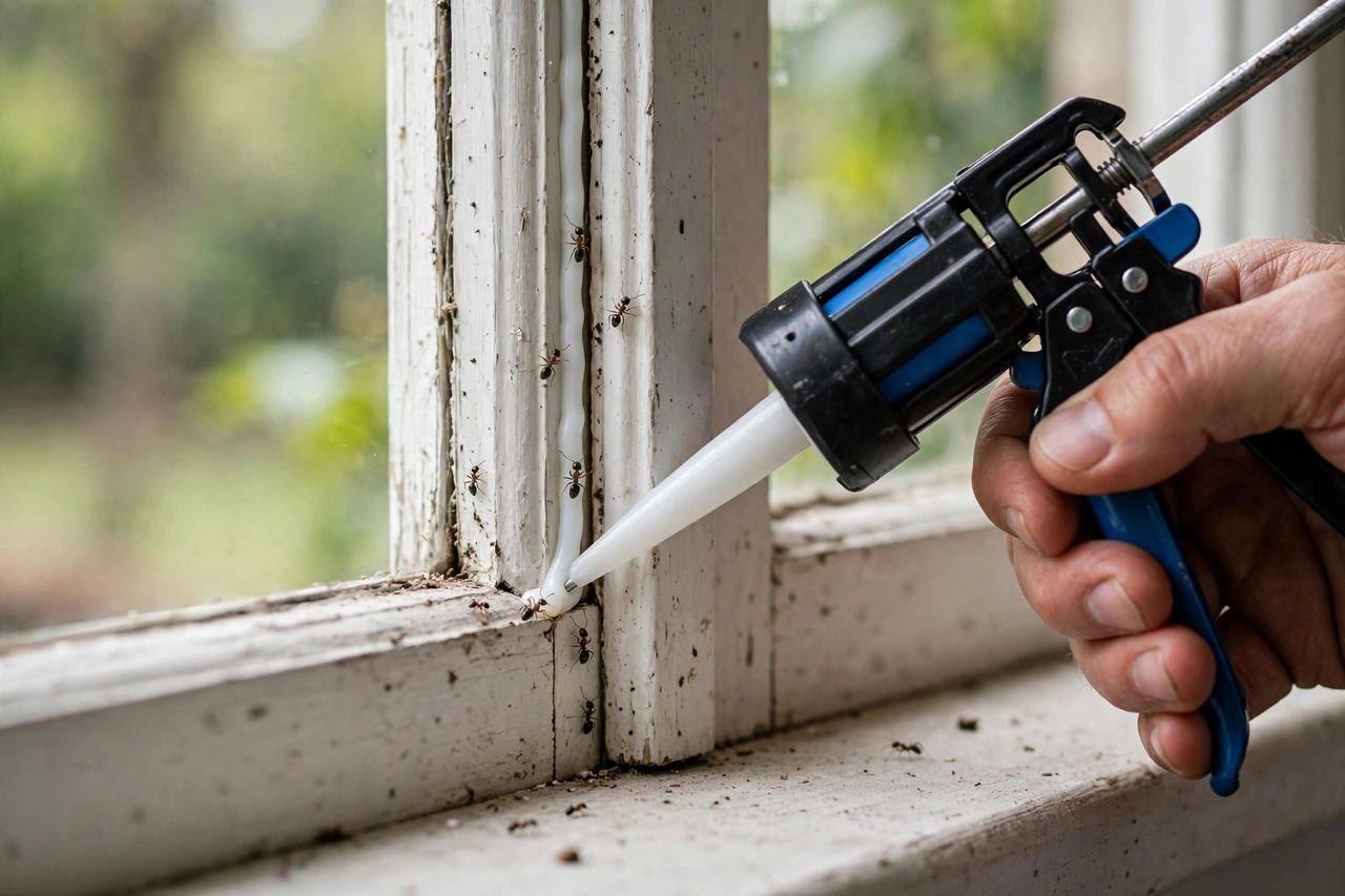 A close-up of a window frame edge being sealed with a caulk gun — blocking ant entry points