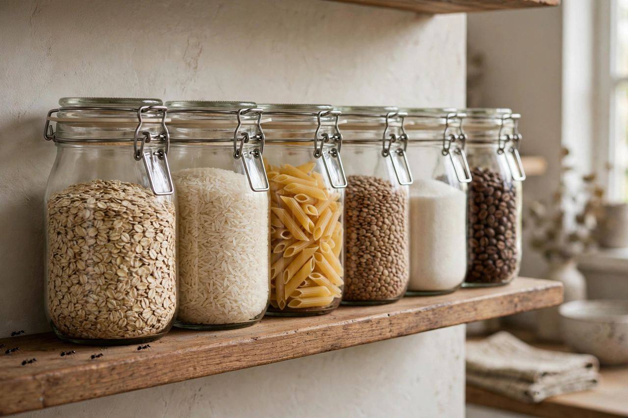 Sealed glass jars of pantry staples lined up on a kitchen shelf — airtight storage keeps ants out