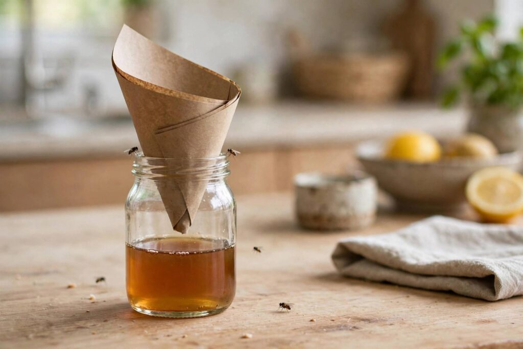 Small glass jar fruit fly trap with apple cider vinegar and a paper funnel on a kitchen counter