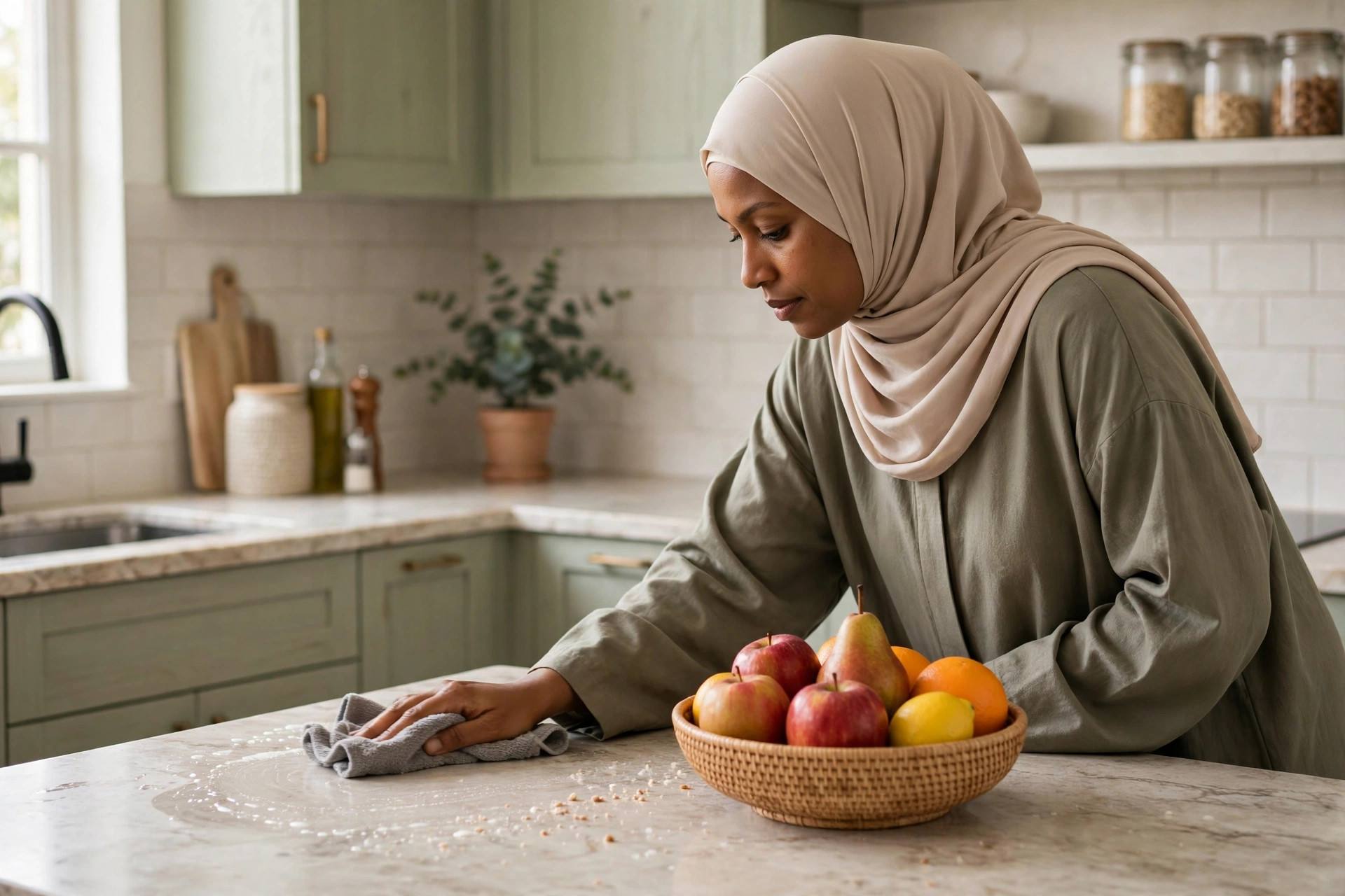 Person wiping down a kitchen countertop with a cloth near a clean fruit bowl