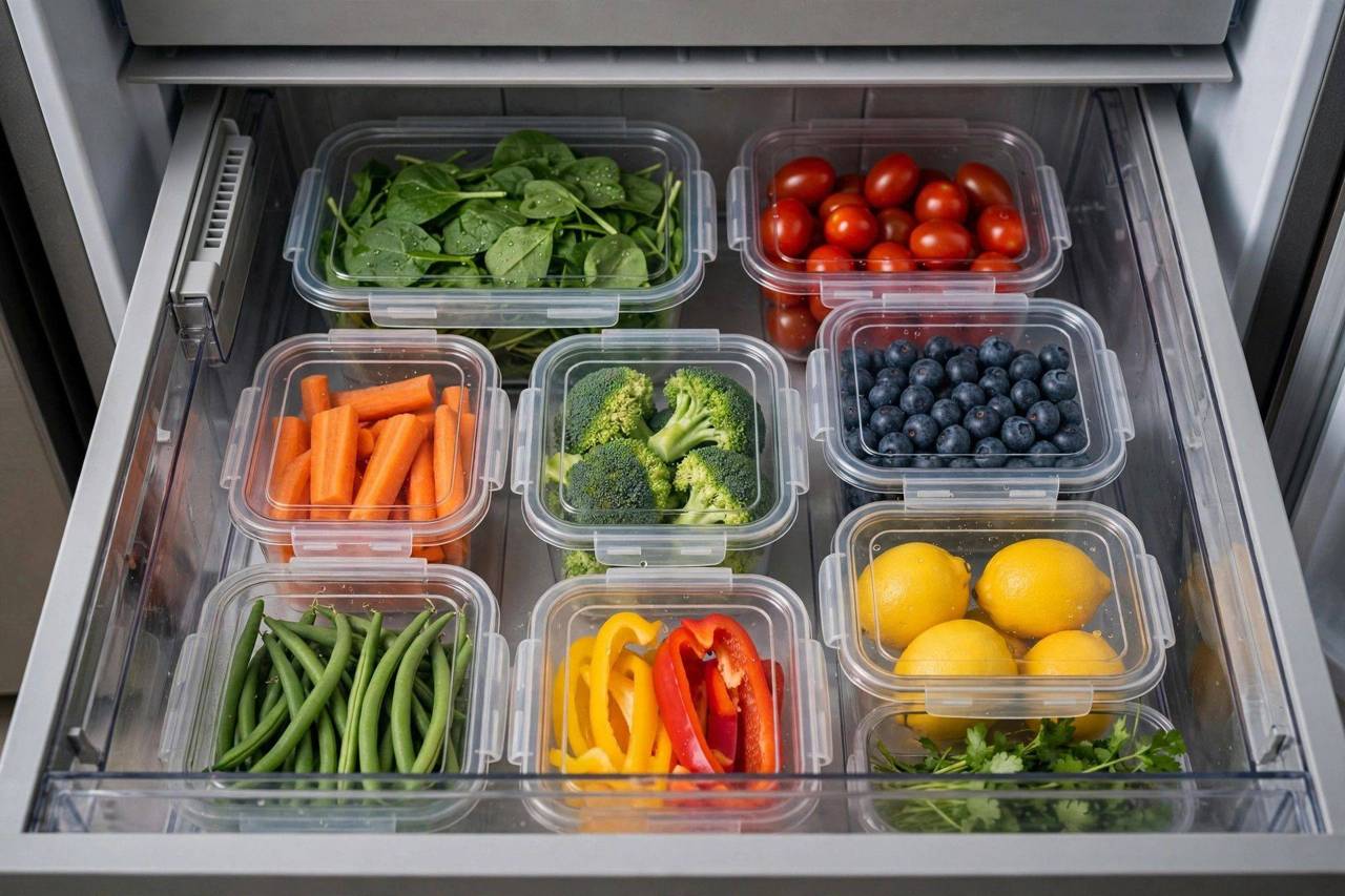 Fresh produce stored properly in a refrigerator crisper drawer with organized containers
