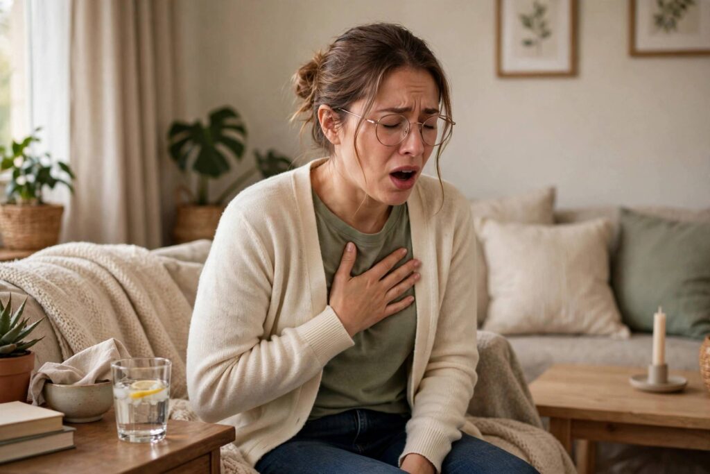 Person holding their chest with hiccups at home