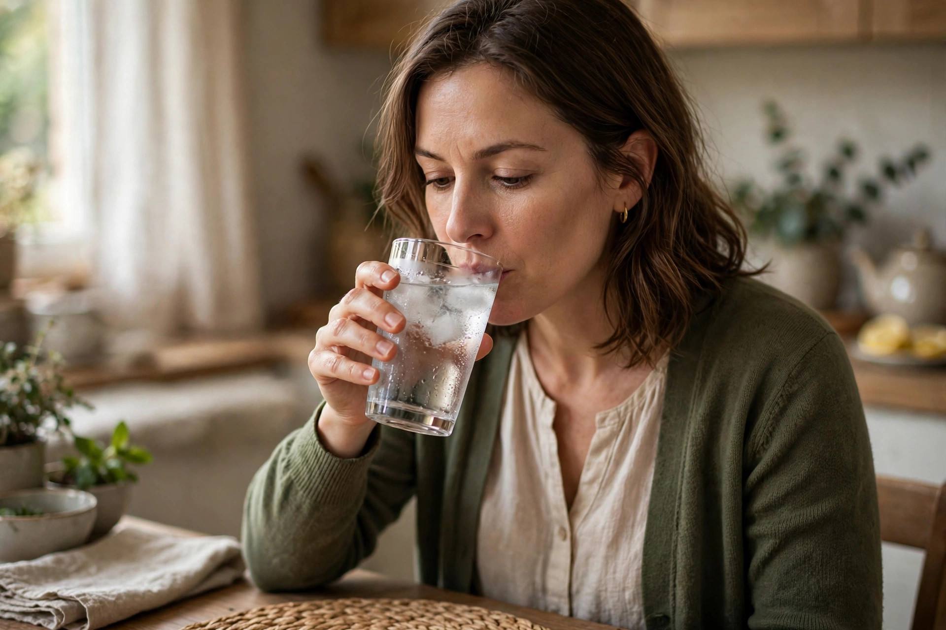 Woman drinking a glass of cold water, a classic hiccup remedy