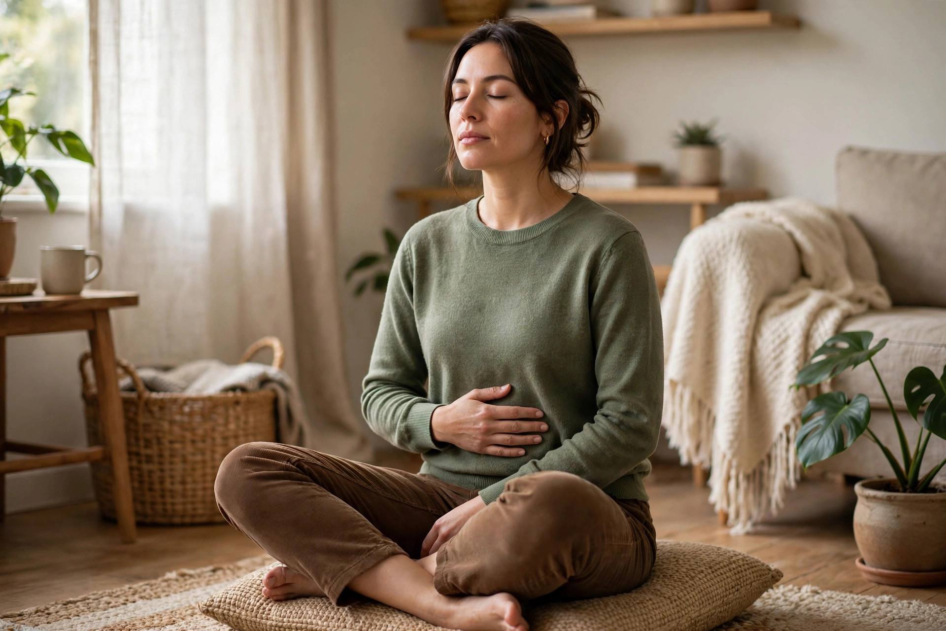 Person practicing slow deep breathing exercises at home