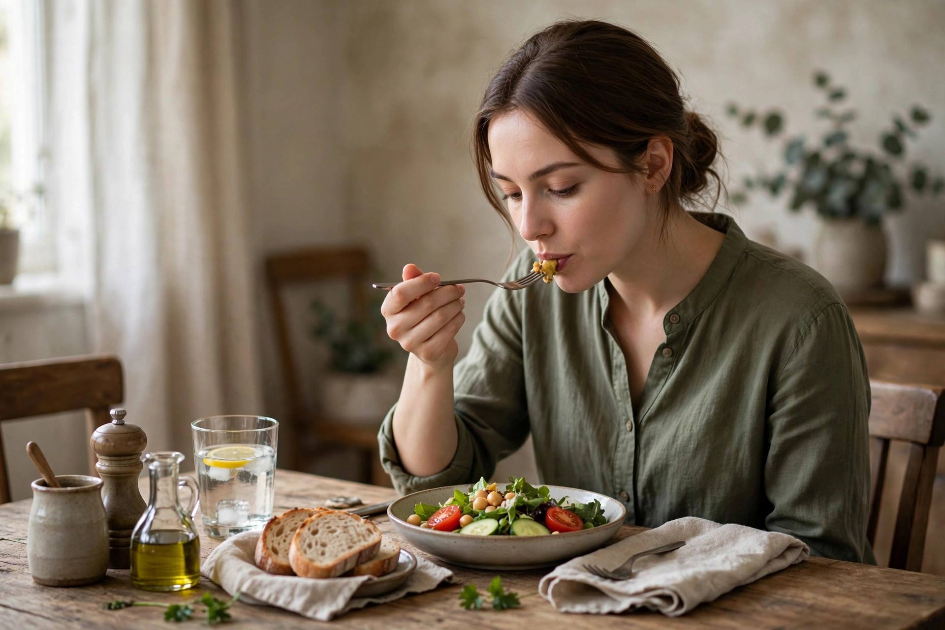 Person eating a meal slowly at a dining table