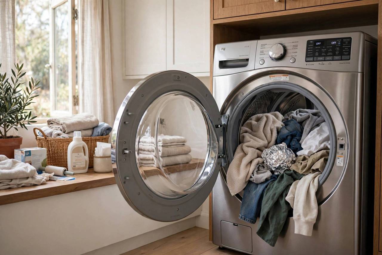 An open dryer with clothes inside and a ball of aluminum foil among the laundry