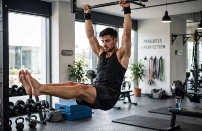 Athlete doing hanging leg raises while working on how to get six pack abs