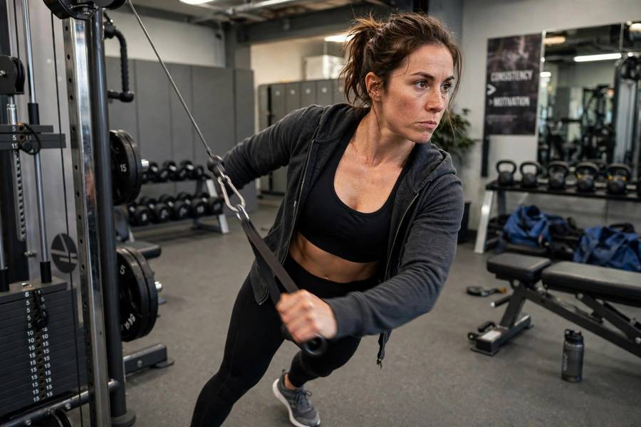Person doing cable woodchoppers as part of how to get six pack abs training