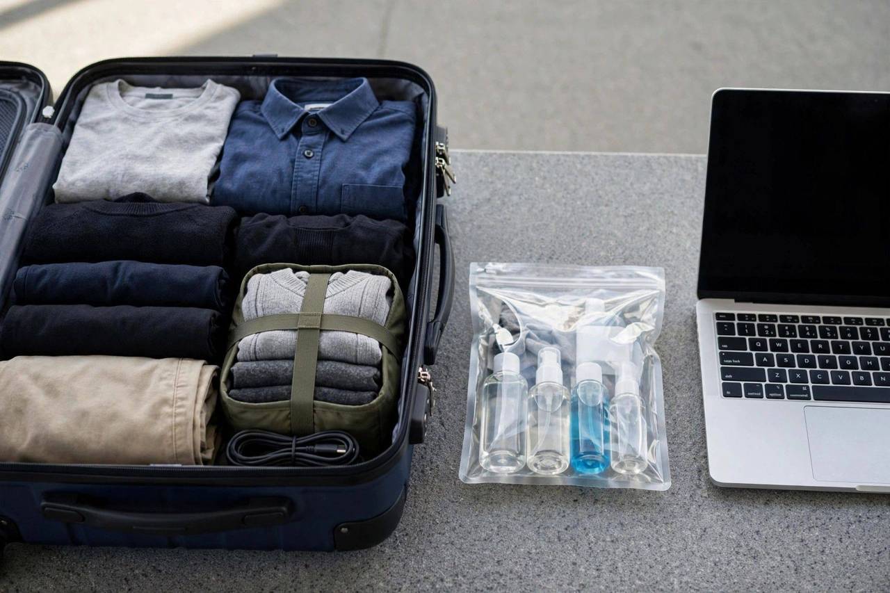 Neatly organized carry-on suitcase with a clear liquids pouch and laptop placed for easy airport screening