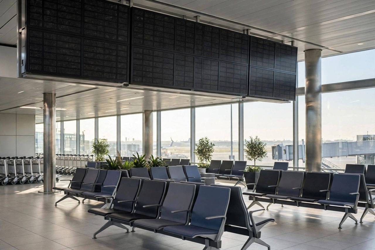 Departure board in a bright airport terminal showing morning flight times above a quiet seating area