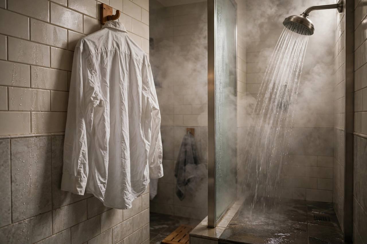 Wrinkled shirt hanging in a steamy bathroom next to a running hot shower