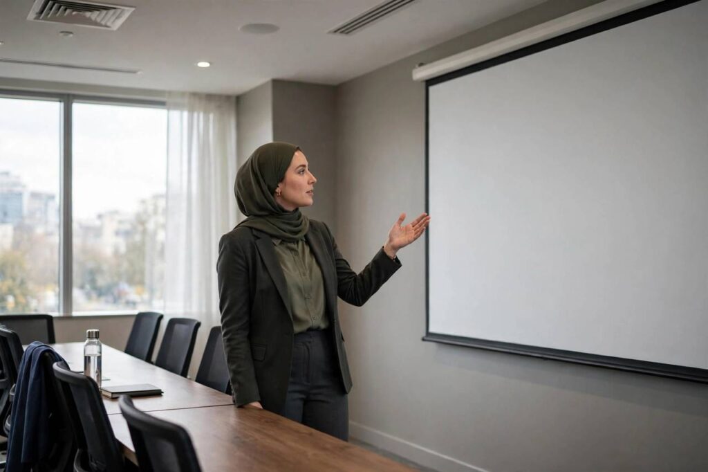 Nervous beginner practicing a business presentation alone in an empty conference room