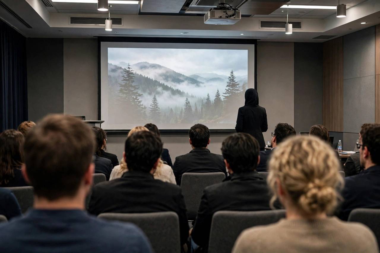 Presenter delivering a talk with a single large image on the screen behind them