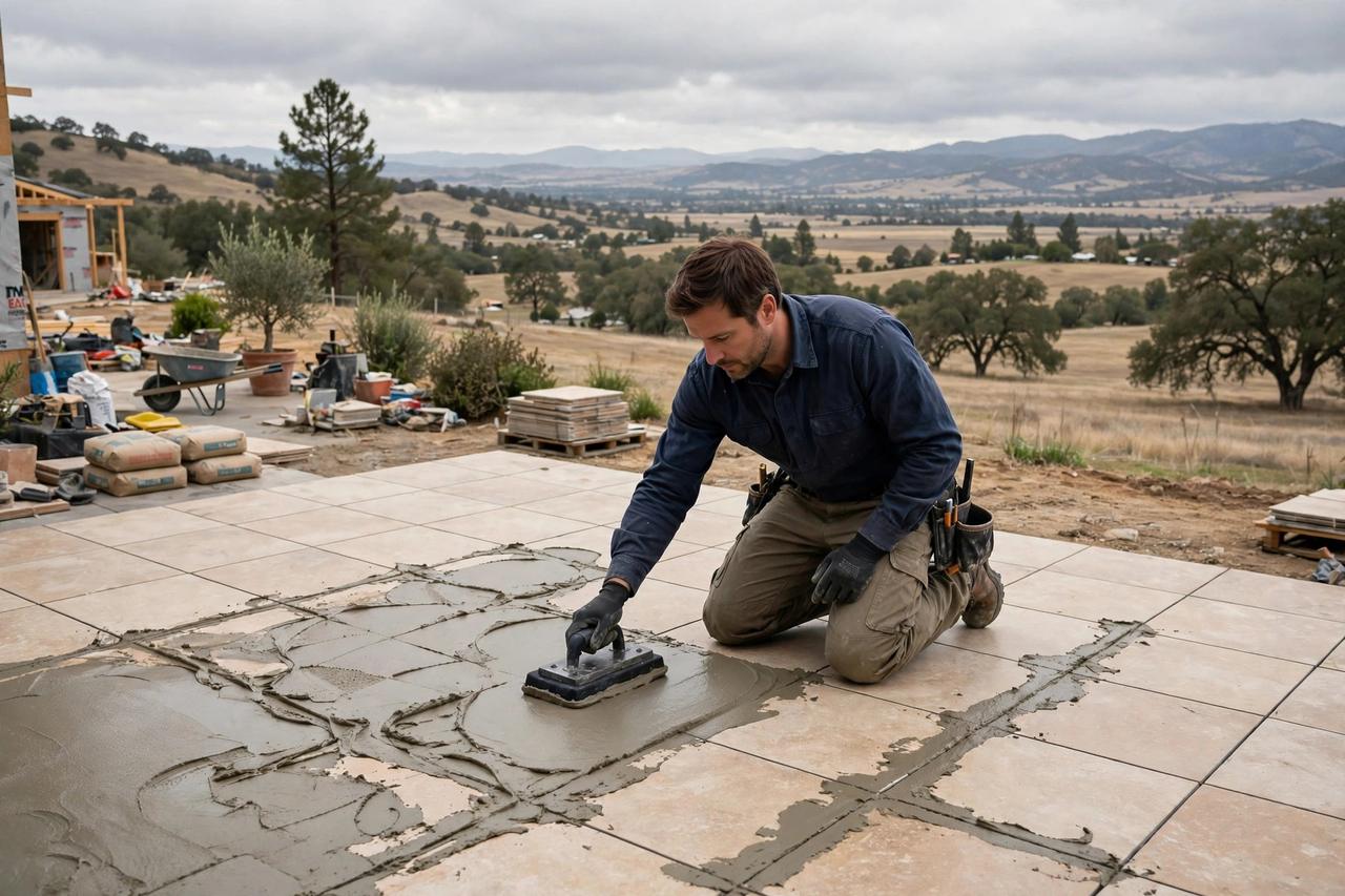 A contractor spreading grout across floor tile with a rubber float