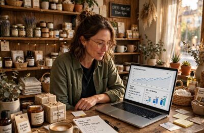Small business owner reviewing growth charts while learning how to grow small business