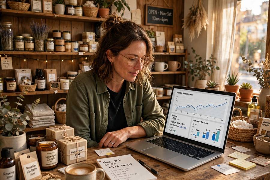 Small business owner reviewing growth charts while learning how to grow small business