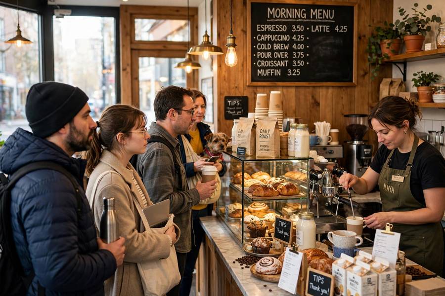 Busy cafe with loyal customers showing how to grow small business through retention