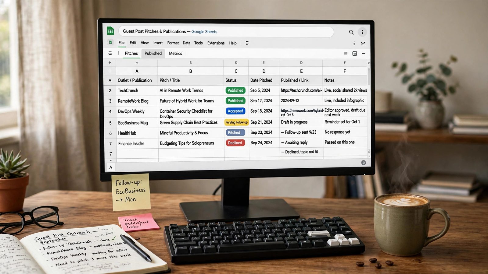 Tracking guest post pitches and publications in a spreadsheet