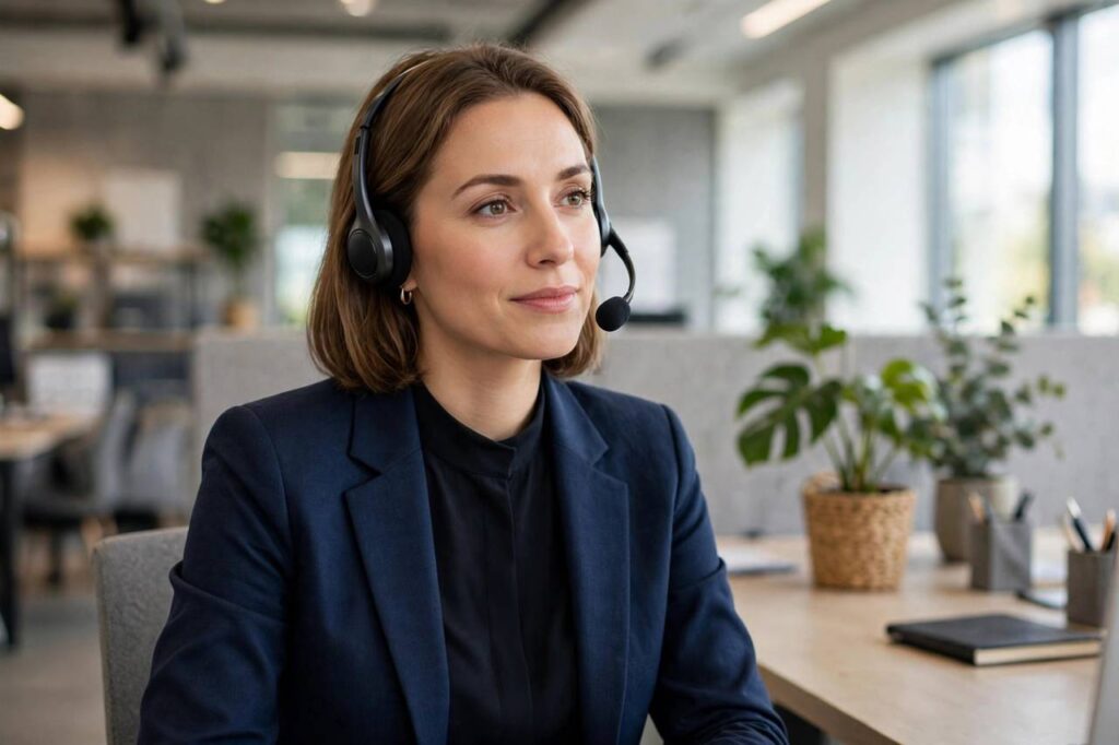 Customer service representative calmly listening to a customer on a headset in an office