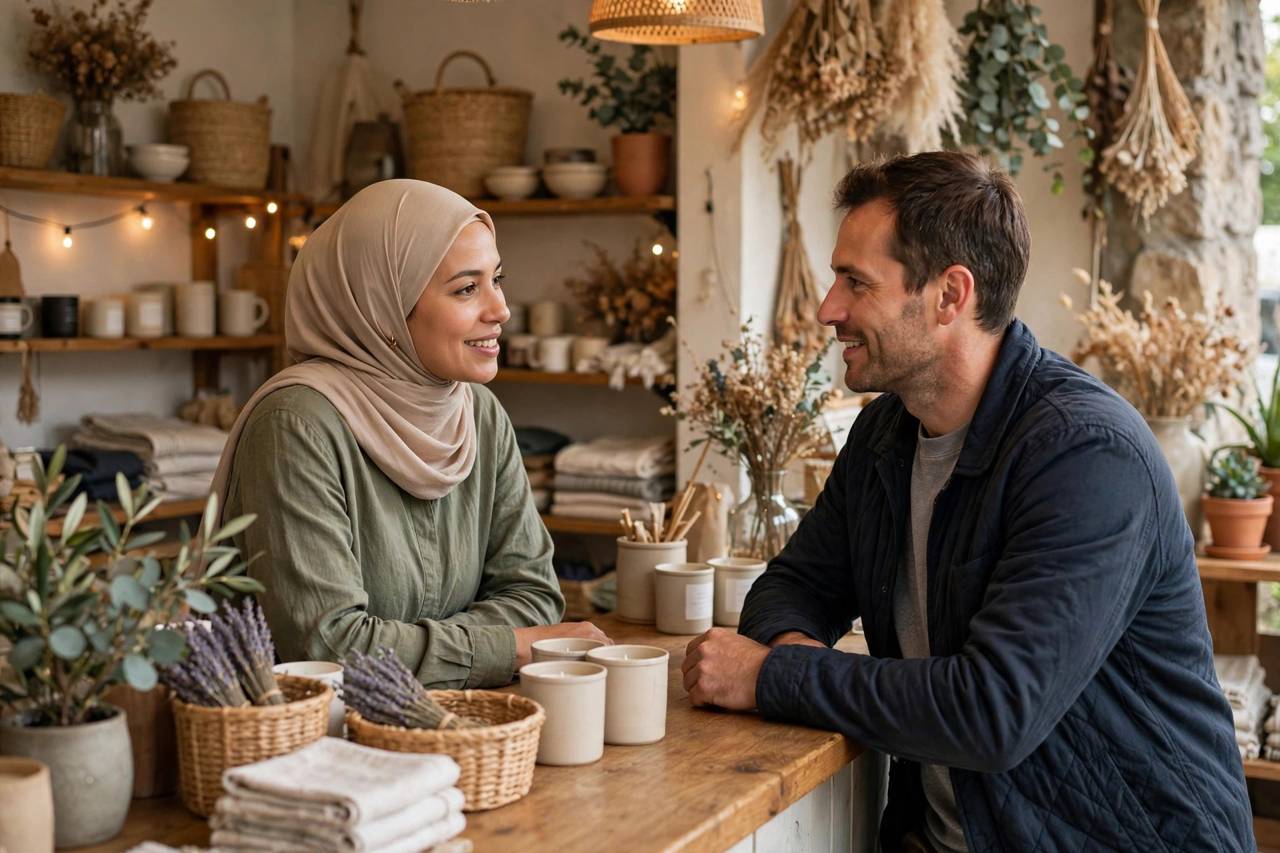 Small business owner talking calmly with a customer across a shop counter