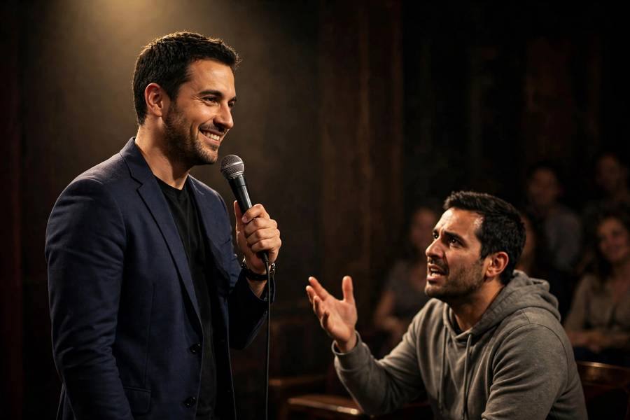 Comedian confidently addressing disruptive audience member with smile