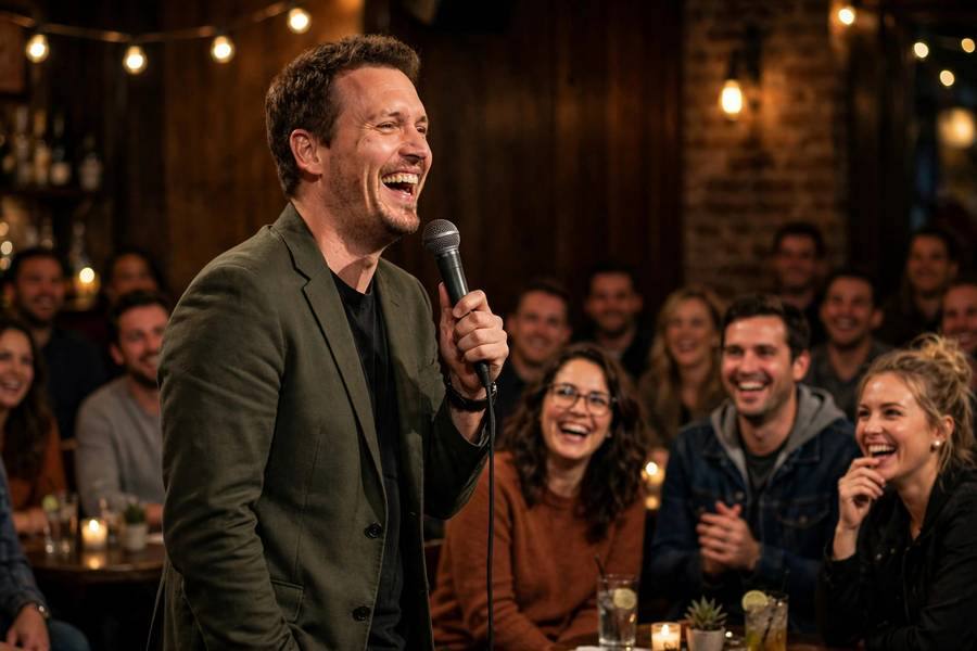 Comedian laughing with audience after witty heckler shutdown