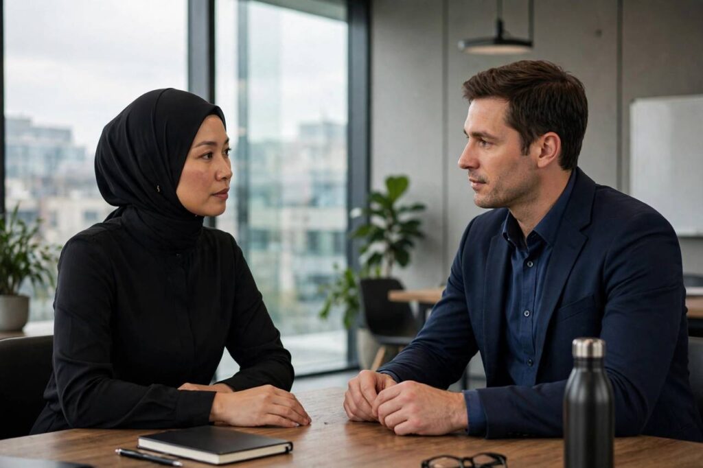 Two colleagues having a serious but calm discussion in a modern office meeting room