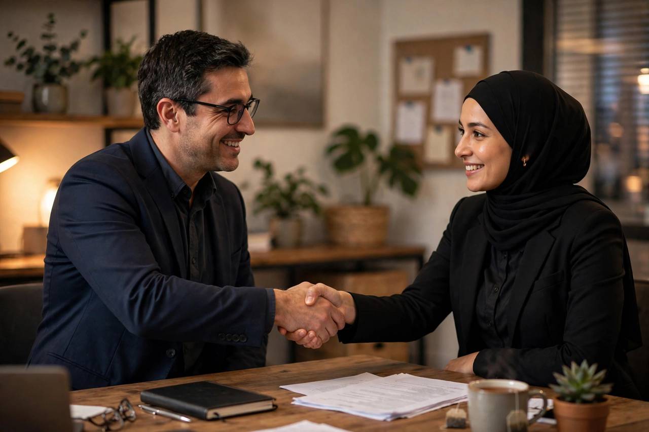 Manager and employee shaking hands after resolving a disagreement at a desk