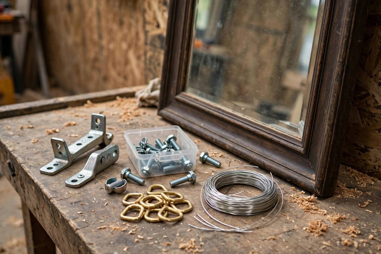 French cleat hardware, toggle bolts, D-rings and picture wire arranged on a workbench next to a heavy framed mirror
