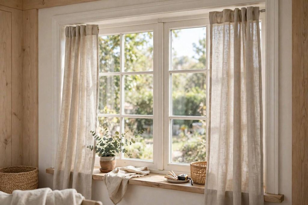 Curtains hanging on a tension rod inside a bright window frame