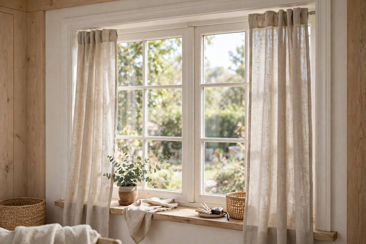 Curtains hanging on a tension rod inside a bright window frame