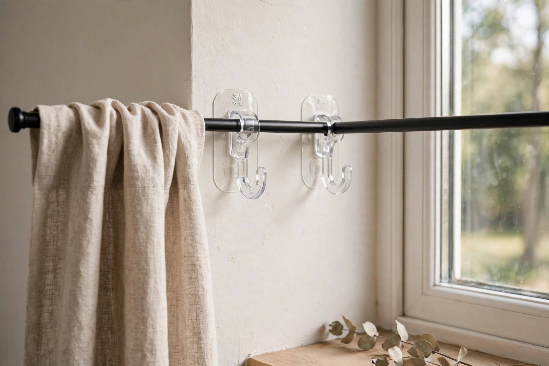 Adhesive hooks holding a curtain rod on a wall beside a window