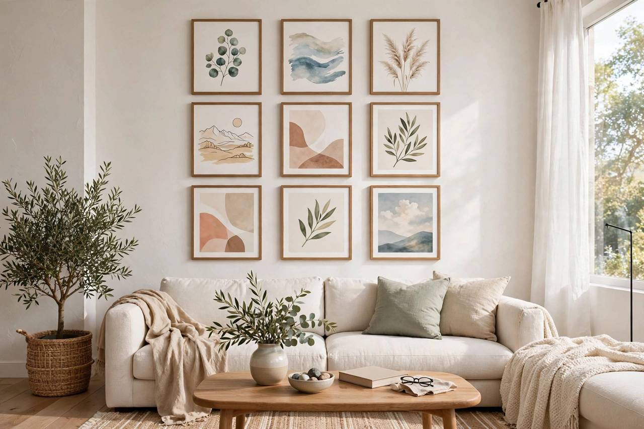 Gallery wall of framed prints hung with adhesive strips in a bright living room