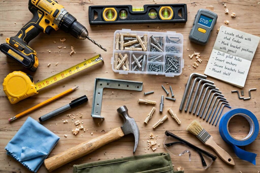 DIY tools laid out for hanging wall shelves