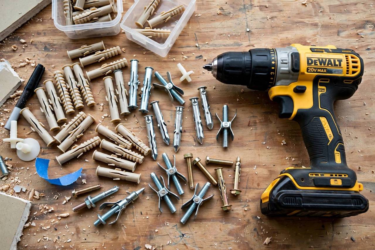 Assorted drywall anchors laid out next to a drill