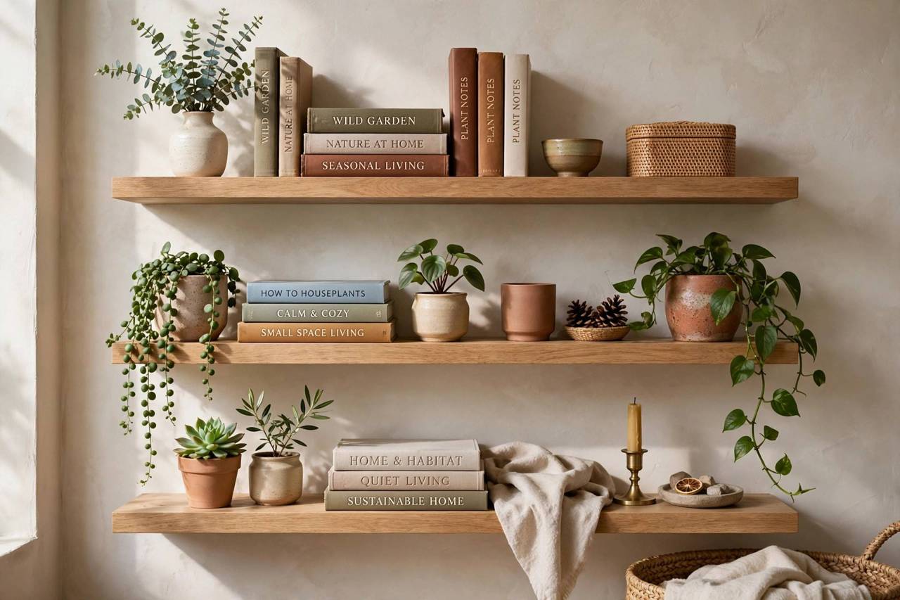 Beautiful floating shelves styled with books and plants