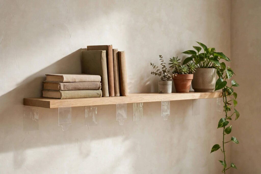 Floating shelf mounted with adhesive strips holding books and plants