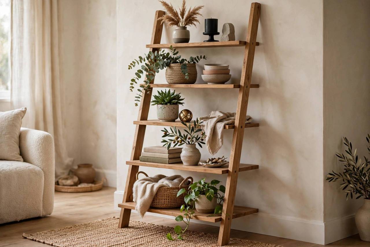 Tension rod shelf installed between walls in a small alcove
