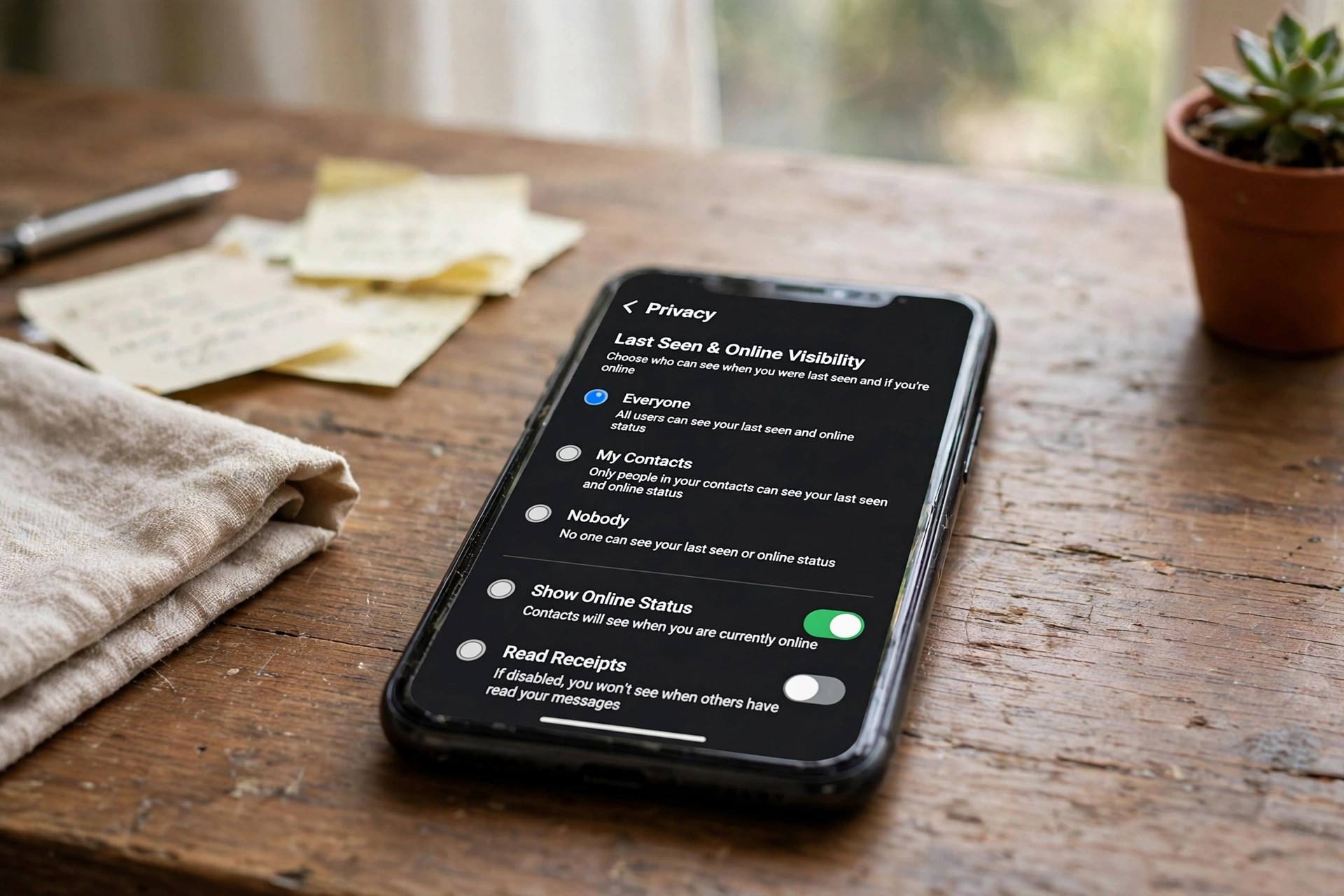 WhatsApp privacy settings showing last seen and online visibility options