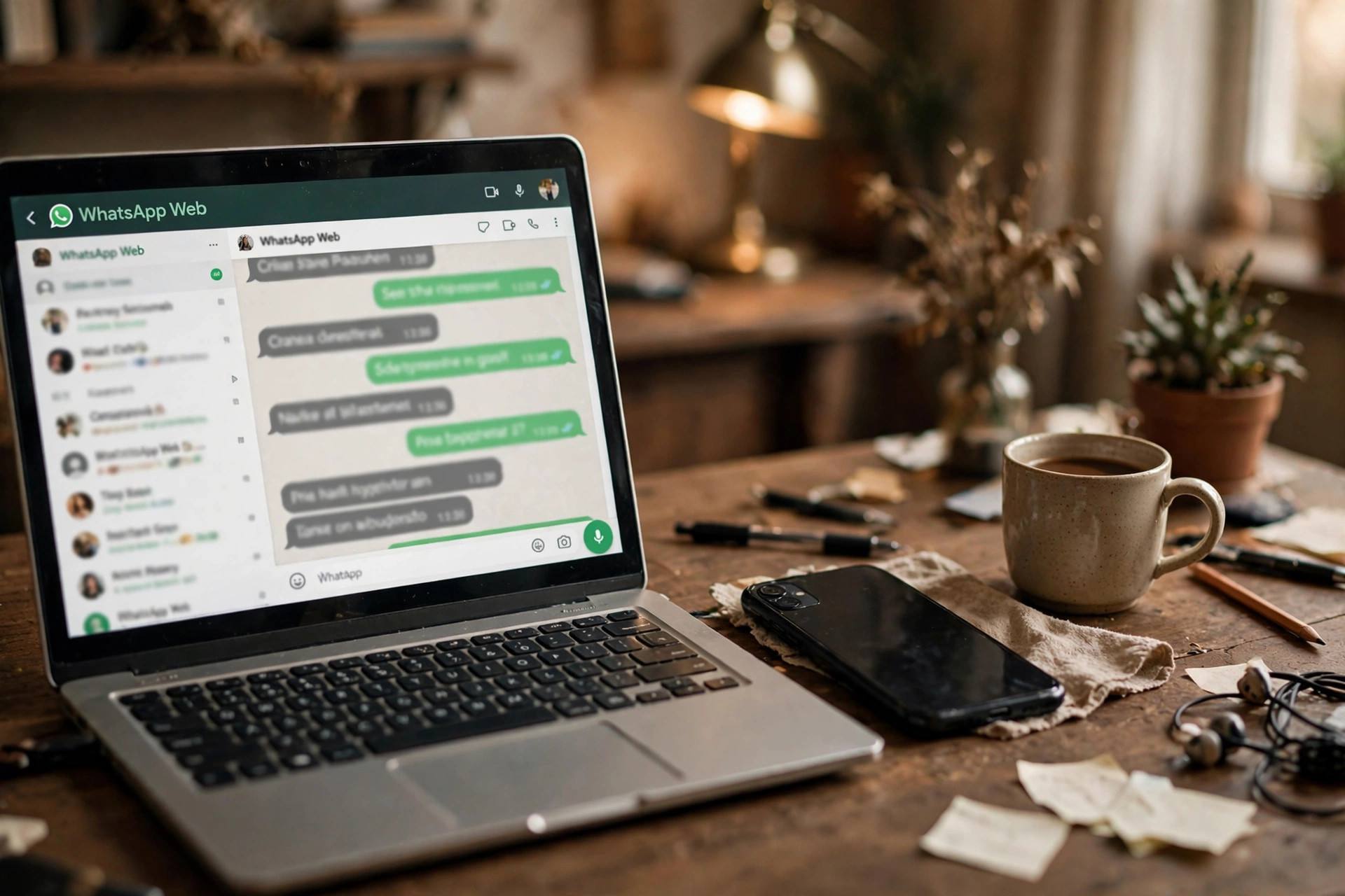 WhatsApp Web open on a laptop next to a smartphone