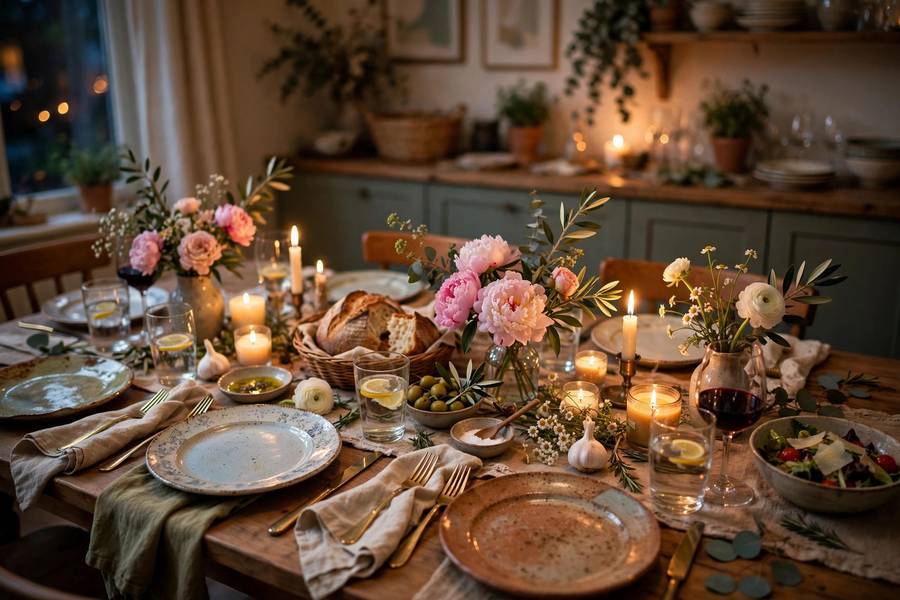 A warm, welcoming dinner party table in a real home showing how to host a dinner party
