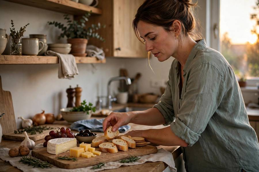 Host preparing a simple appetizer board before a dinner party