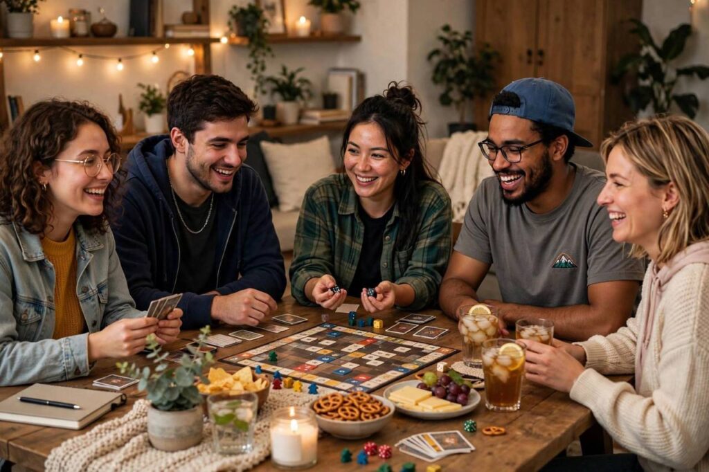 Friends gathered around a table playing board games