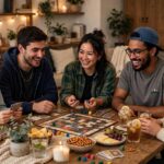 How to Host a Game Night People Will Beg You to Repeat Friends gathered around a table playing board games