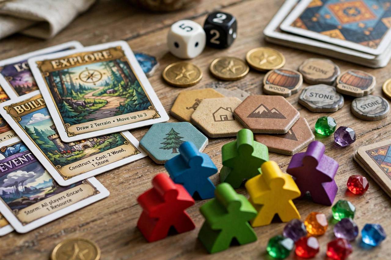 Close-up of colorful board game pieces and cards on a table