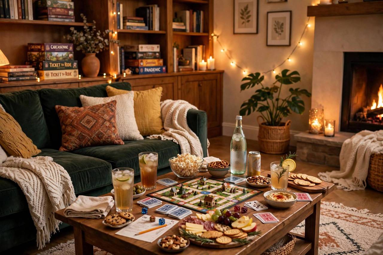 Cozy living room set up for game night with snacks and drinks