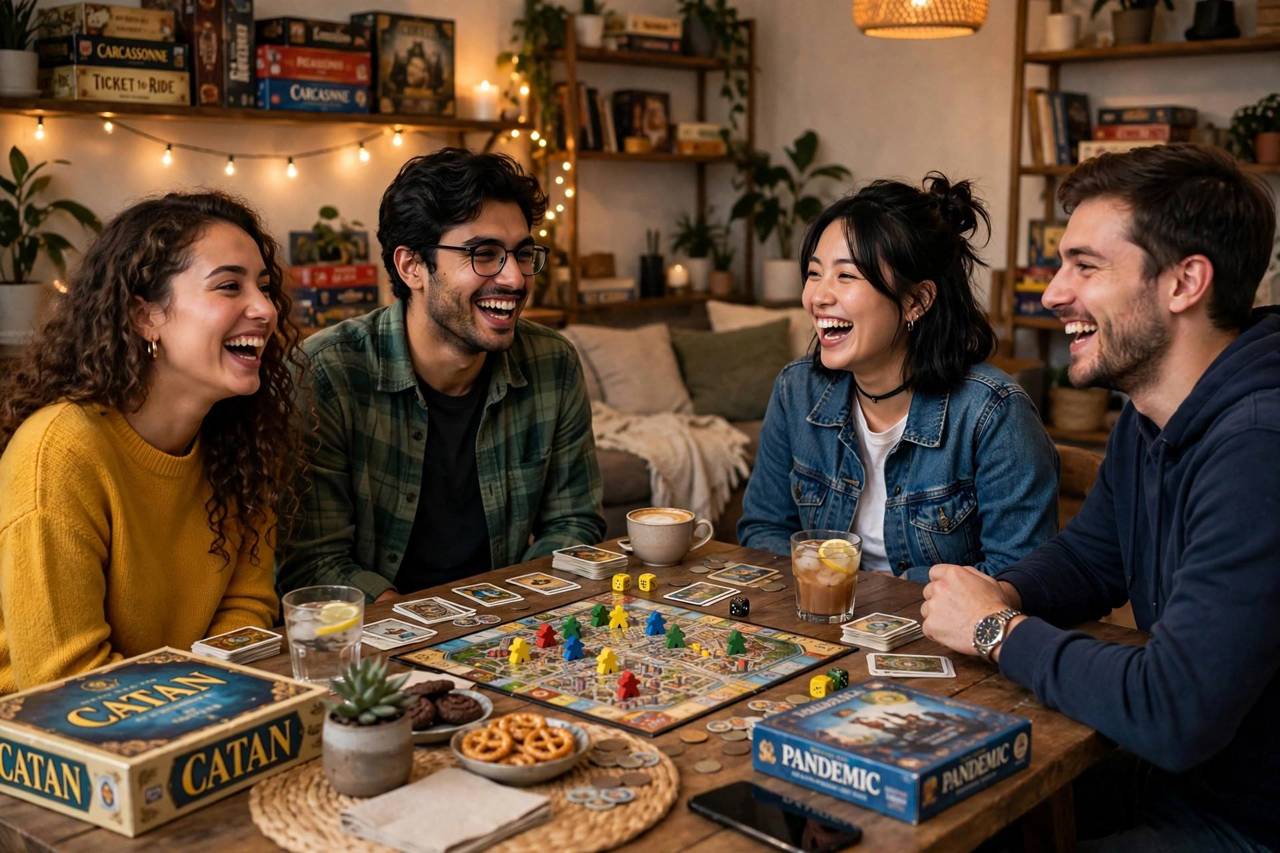 Friends laughing around a table full of board games