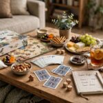 Board games, cards, and snacks arranged on a coffee table