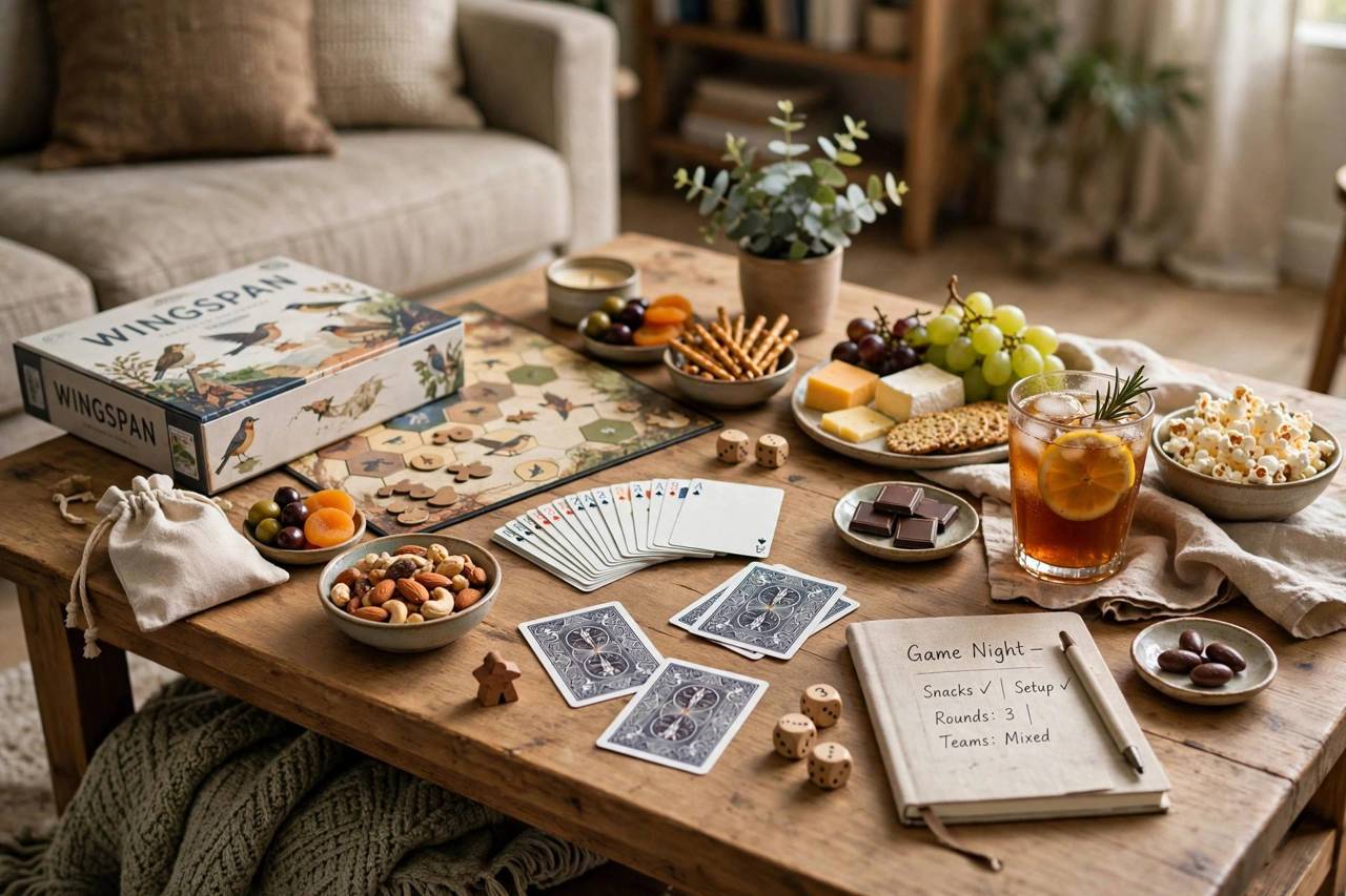 Board games, cards, and snacks arranged on a coffee table