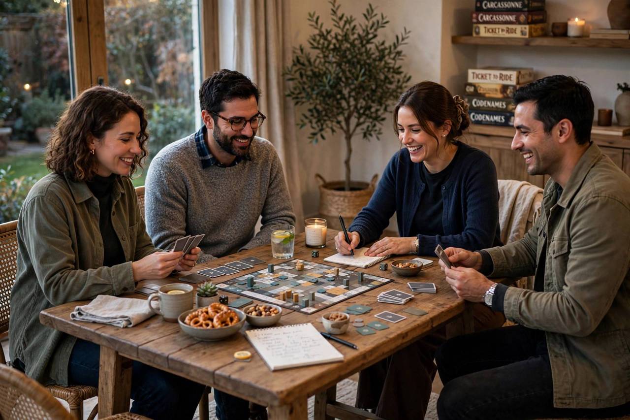 Friends playing a board game together around a table